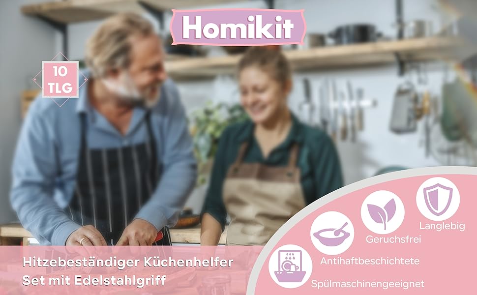 Набір кухонного приладдя Homikit 10 шт. силіконові, з нержавіючої сталі, рожевий - антипригарні, жаростійкі, для посудомийної машини