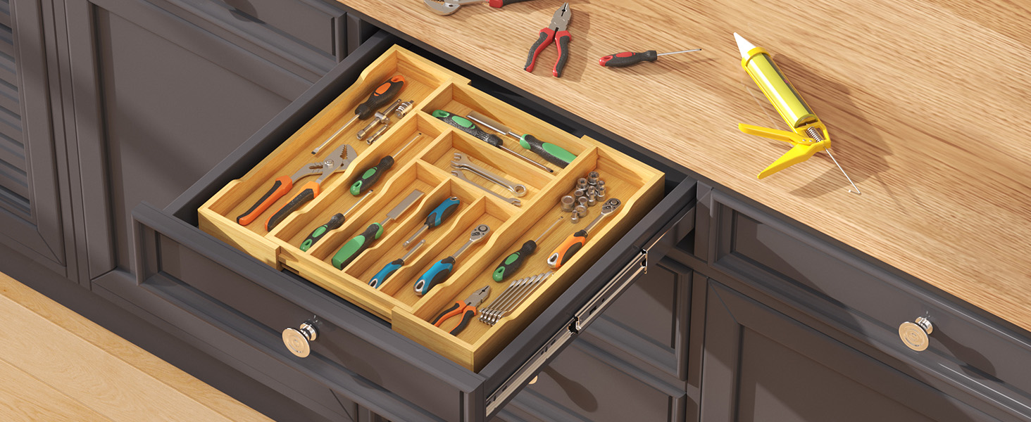 Органайзер для столових приборів Lifewit в шухляду, бамбуковий, 47 см (29-50 см)