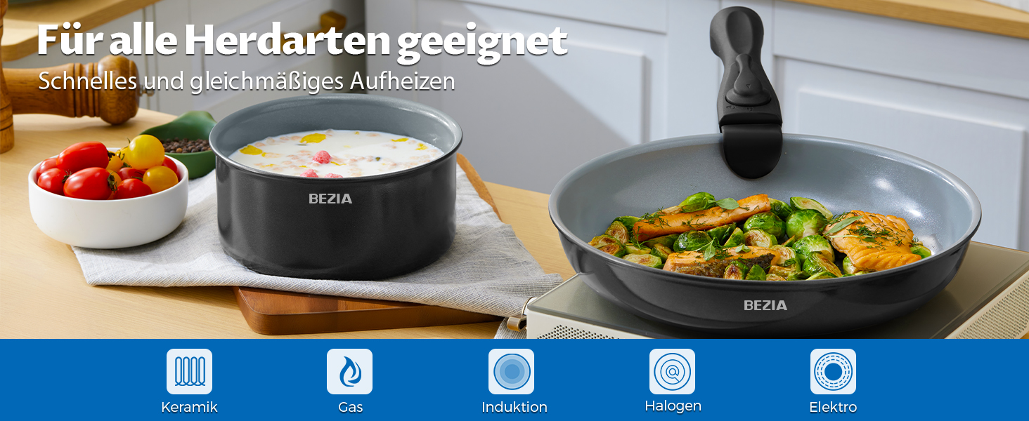 BEZIA 13-Piece Ceramic Nonstick Cookware Set - Induction Compatible Pots and Pans for All Cooktops, Stackable, Dishwasher & Oven Safe