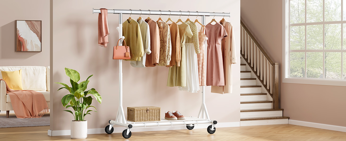 Стійка для одягу на колесах FAVOOOSTY, металева, мобільна, до 200 кг, швидка збірка, білий колір, 1 перекладина