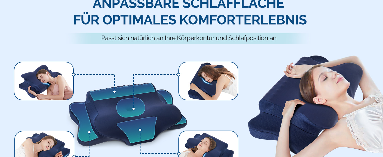 Подушка для шиї FAIORD, подушка з піною з пам'яті, ергономічна подушка для шиї, подушка для сну на боці, на спині та на животі (Темно-синій, 64 x 39 x 13 см)