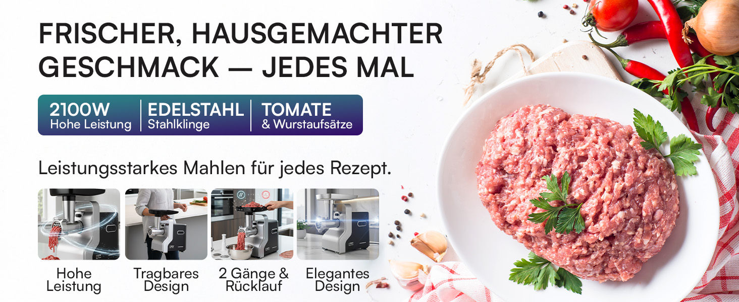 М'ясорубка електрична MG-2100BKSL 2100 Вт, нержавіюча сталь, чорно-срібна - 1.8 кг/хв, насадки для ковбас та томатів, реверс