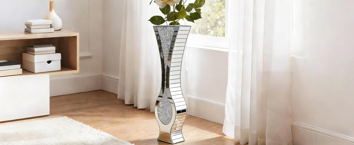 Ваза для квітів велика 68 см, підлогова ваза: срібна ваза з кристалами для пампас трави, скляна ваза з дзеркальним покриттям, декоративна ваза з блискітками для вітальні, декор інтер'єру – не для води (21.5L x 13B x 68.5H cm)