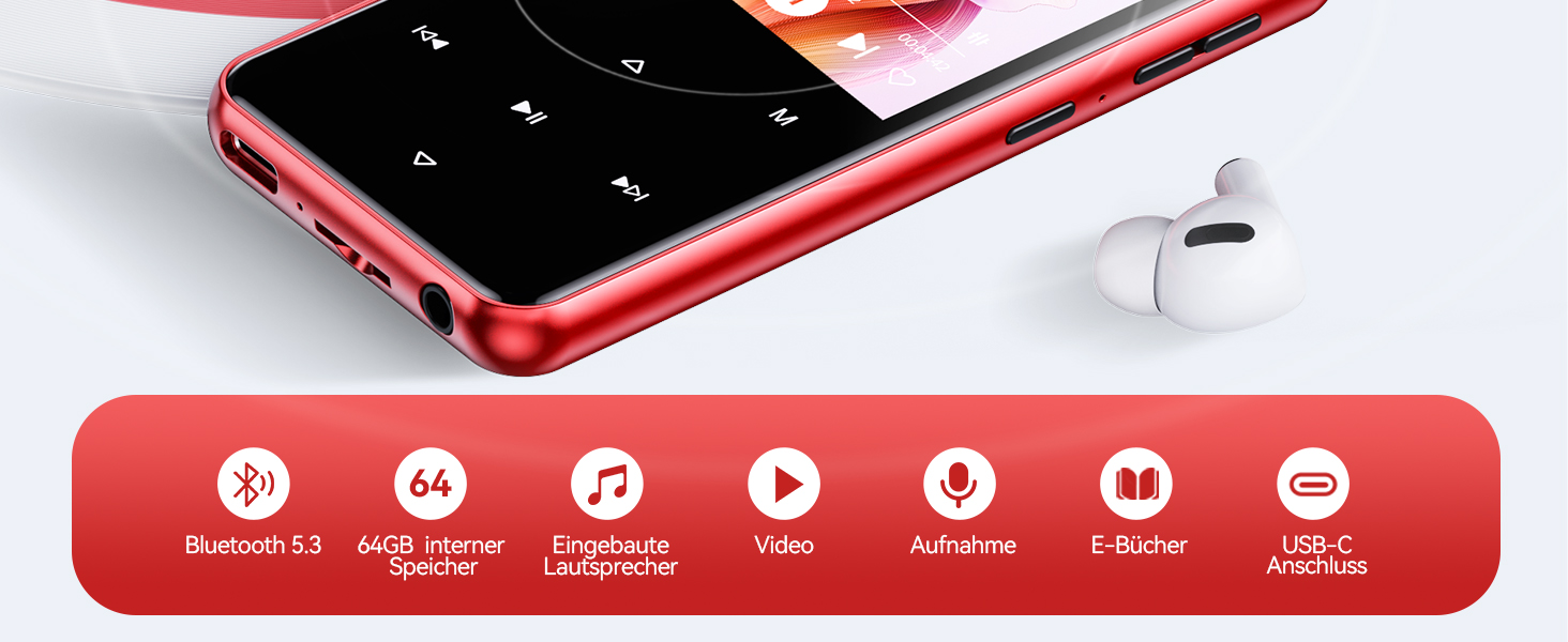 MP3 плеєр AGPTEK 64GB з Bluetooth 5.3, TFT-екраном 2.4