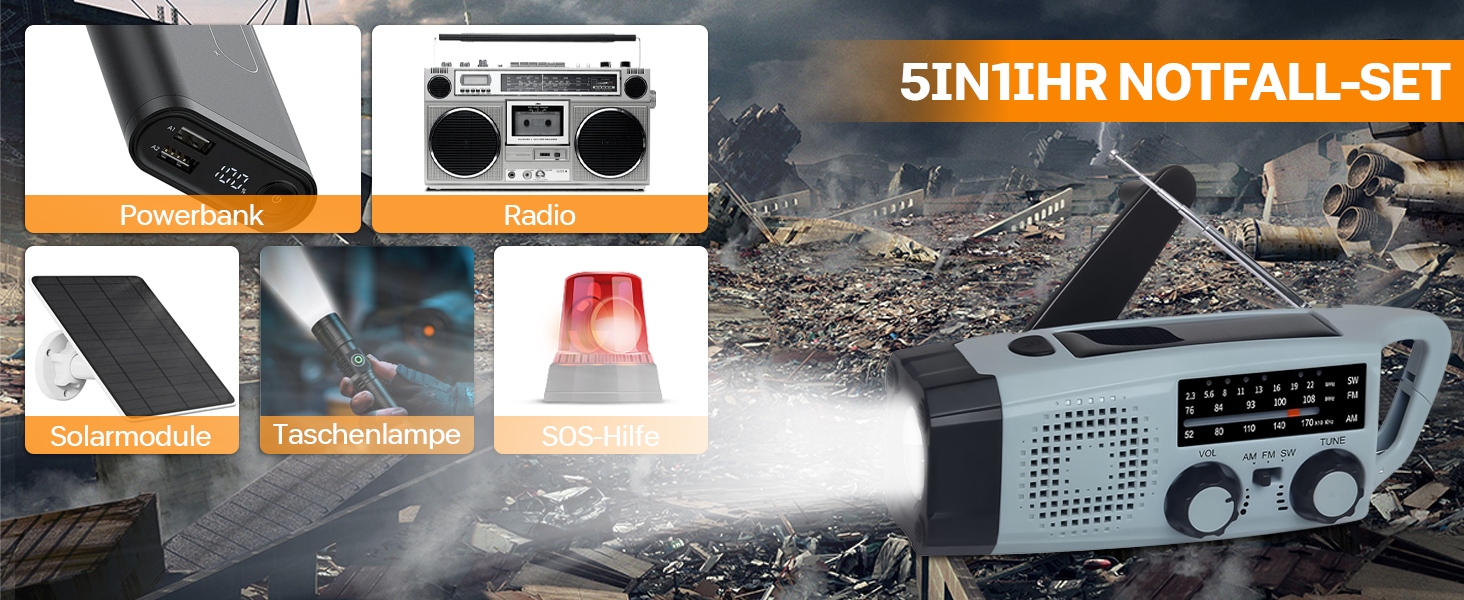 Радіо Kurbel з ручним заводом та сонячною панеллю, AM/FM/SW, 2000mAh, з SOS сигналом та ліхтариком - аварійне радіо для кемпінгу