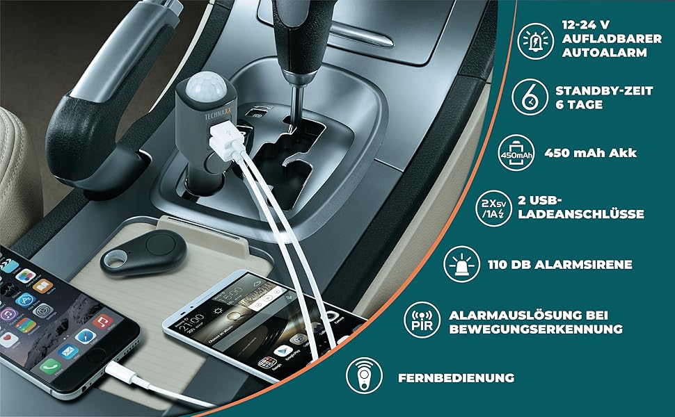 Сигналізація Technaxx TX-100 для авто, будинку, човна з датчиком руху, пультом, автозарядкою, 2x USB, 6 днів роботи, 110 дБ
