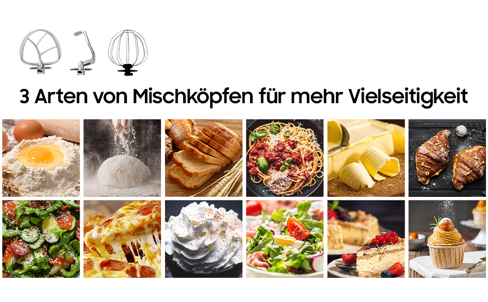 Кухонна машина з чашею 6л з нержавіючої сталі, міксер для тіста з Flexi-мішалкою, гаком для тіста та вінчиком, 6 швидкостей, 1500 Вт