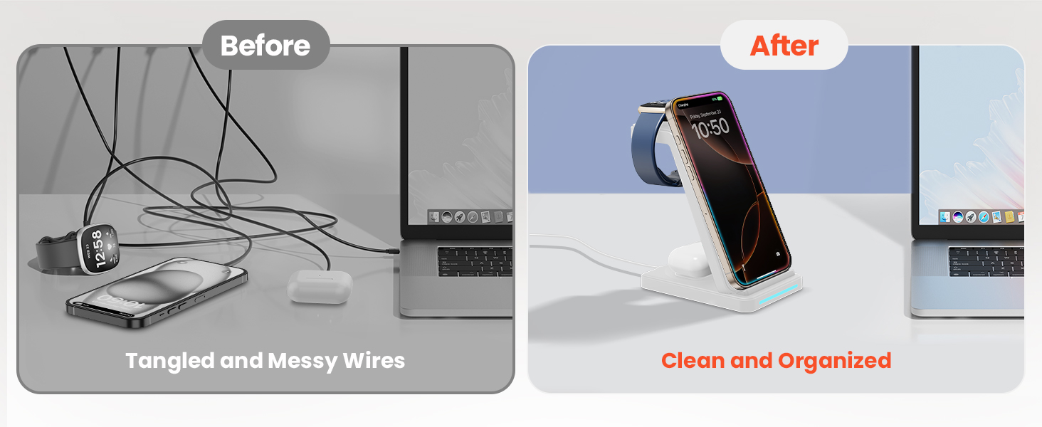 GEEKERA 3-в-1 Бездротова Зарядка для Google Pixel Watch 3/2, Fitbit Versa 4/3, Sense 2/Sense, iPhone, Pixel, Samsung – Матове Біле