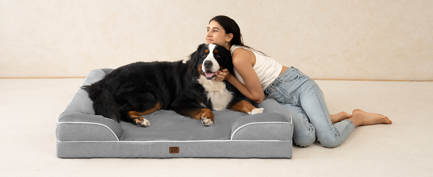 Ортопедичне ліжко для собак EHEYCIGA, великі та середні породи, 91x68 см, Memory Foam, вологостійке, з високим бортиком, сіре