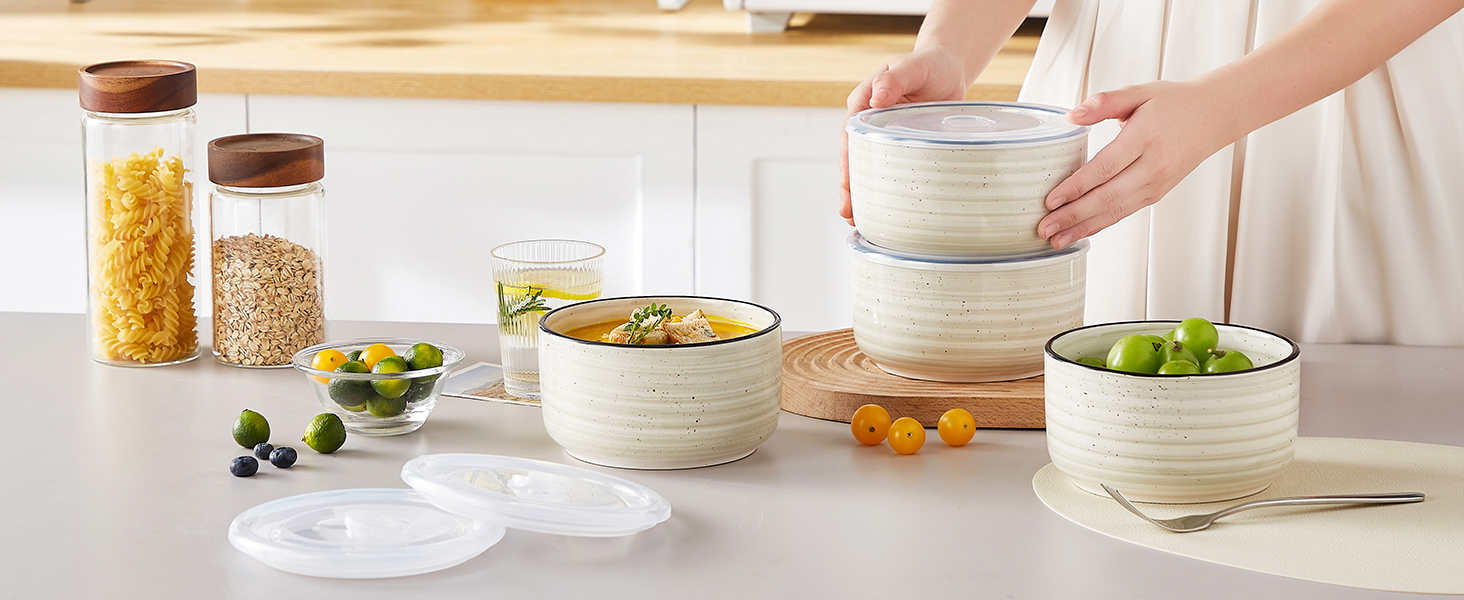 Набір керамічних супових та сервірувальних мисок Vancasso Bonbon з кришкою (4 шт.), бежевий