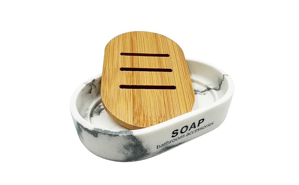Миска для мила Marmor з бамбуковою підставкою – штучний камінь, 12,5 x 8 x 2,5 см
