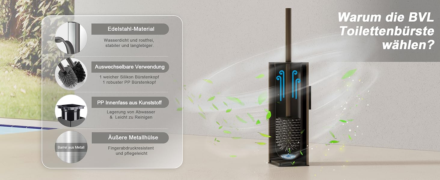 Настінна щітка для унітазу BVL з тримачем, без свердління, з силіконовими насадками (білий матовий)