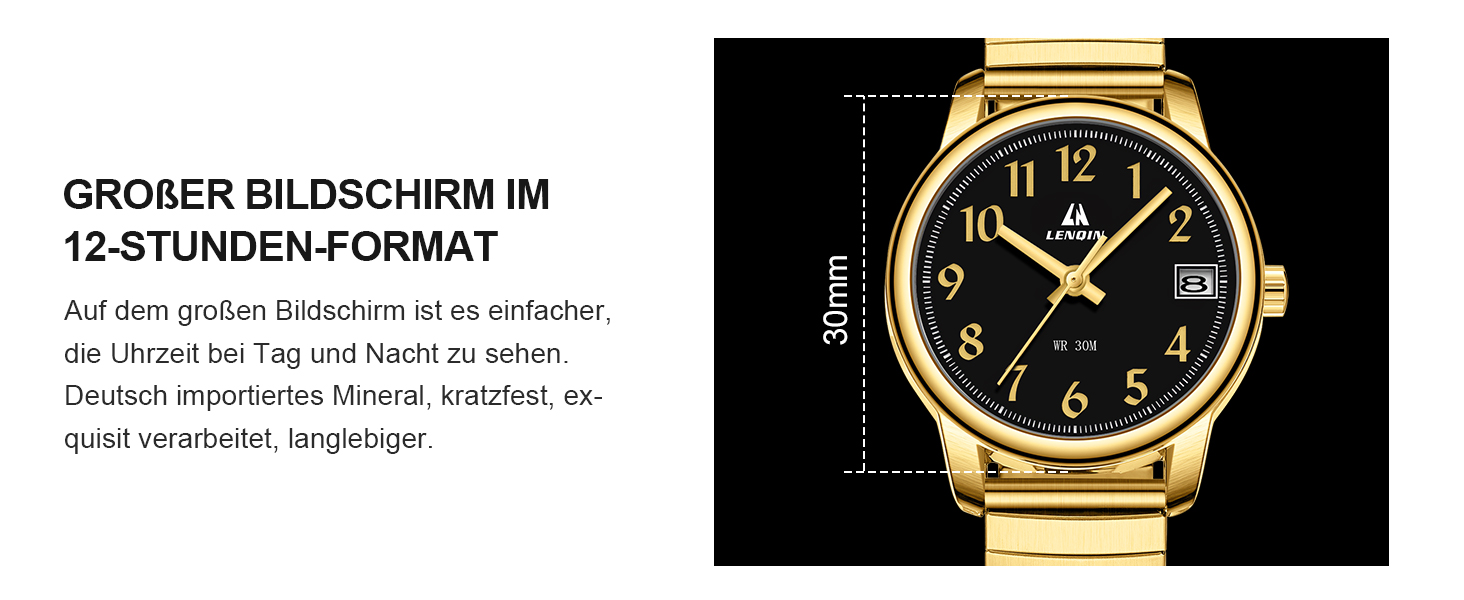 Жіночий годинник LN LENQIN: Водонепроникні годинники для жінок з нержавіючої сталі, кварцовий механізм, регульований ремінець (Золотий/Чорний)