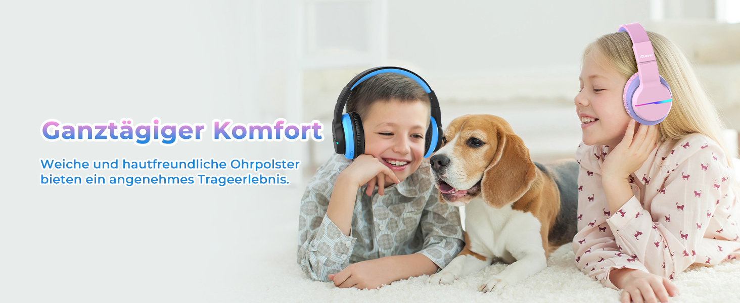 iClever Бездротові навушники для дітей 2 шт. з LED-підсвічуванням, Over-Ear, обмеження гучності 74/85 дБ, 85 годин роботи, Bluetooth 5.2, мікрофон, чорний/рожевий