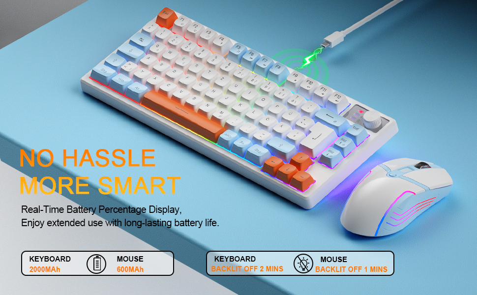Кабельний комплект клавіатури та миші QWERTZ DE: ігрова клавіатура з регулятором гучності та RGB миша з індикатором заряду, для PC, Mac, Xbox, PS5