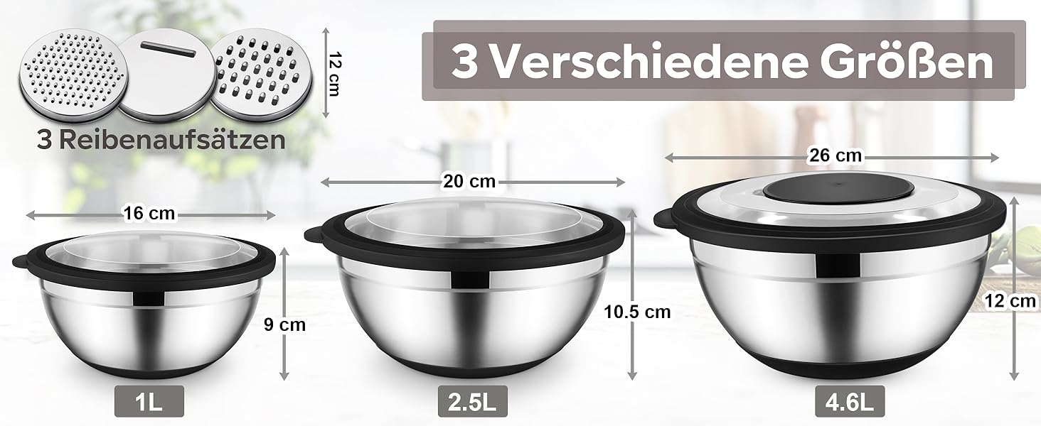 Набір мисок HaWare з нержавіючої сталі: 4.6L, 2.5L, 0.7L з кришками та тертками, чорний, для кухні