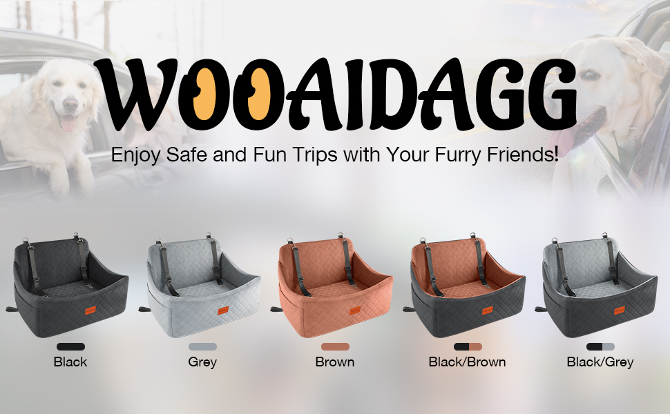 Wooaidagg Memory Foam Dog Car Seat - Washable & Detachable Pet Bed for Medium & Large Dogs - Includes 2 Leashes (Black, Large)
