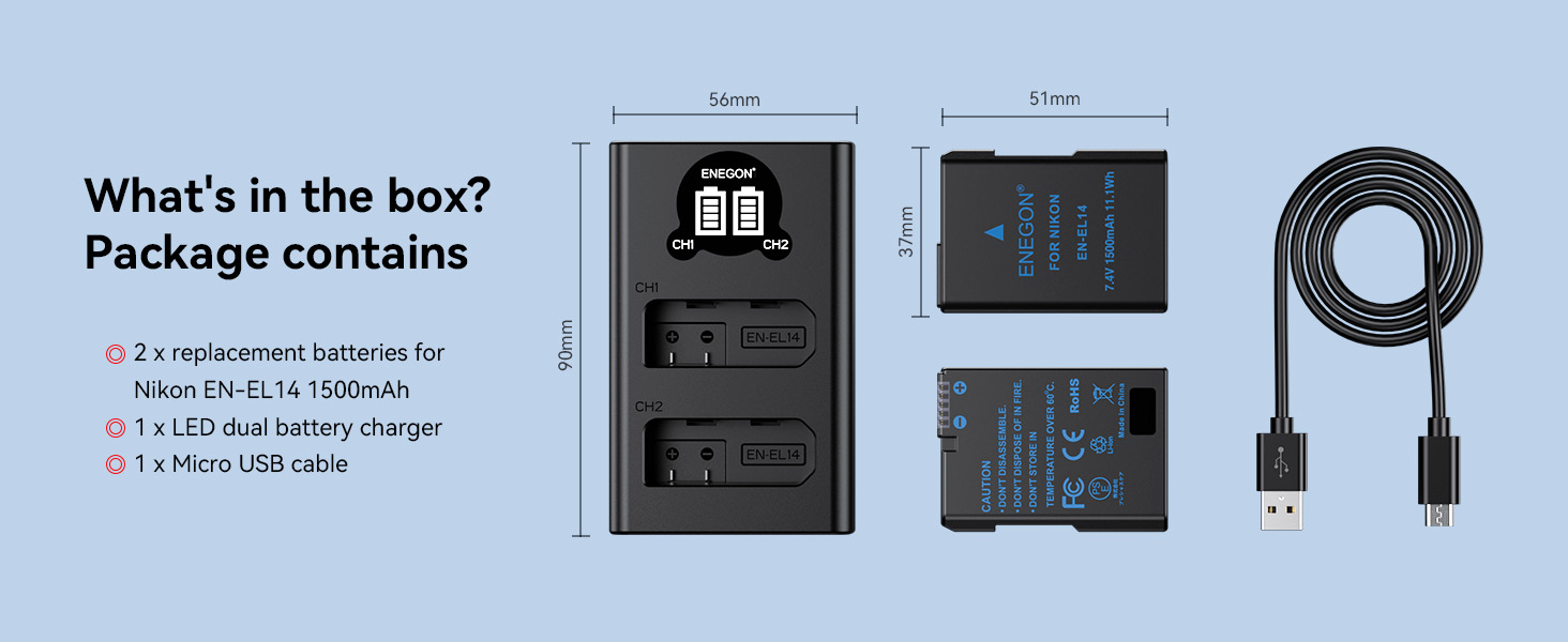 Запасний акумулятор ENEGON EN-EL14/EL14a (2 шт.) та розумне LED Dual USB зарядне пристрій для Nikon DSLR D3100, D3200, D3300, D3400, D3500, D5100, D5200, D5300, D5500, D5600, DF Coolpix P7000, P7100, P7700, P7800