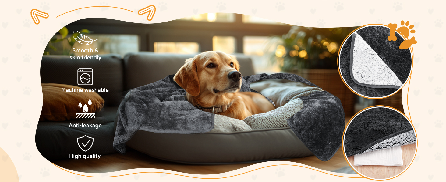 Водонепроникний коврик для собак 100x120 см - м'який, флісовий, для собак середніх порід до 16 кг, чорно-білий, підходить для вулиці та дивану