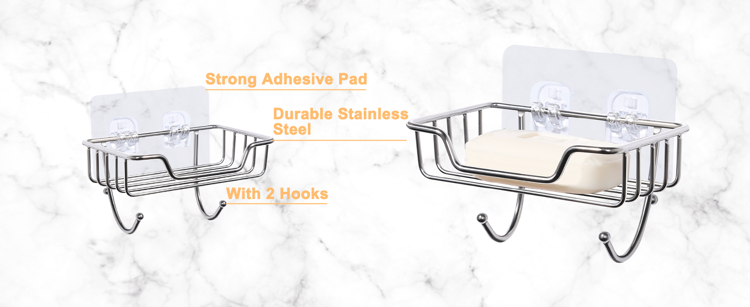 Тримач для мила без свердління Uten, нержавіюча сталь, самоклеючий, з 2 гачками, для мила та губки, для душу, ванної кімнати, кухні, сріблястий