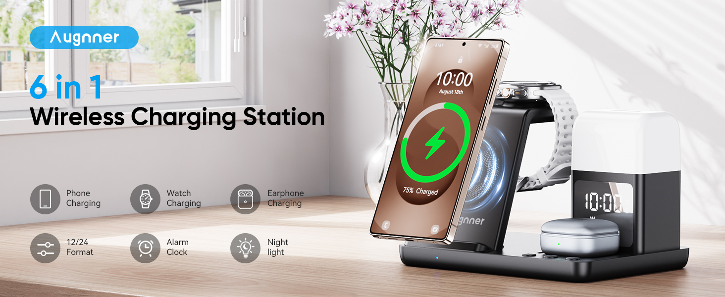 База для бездротової зарядки 6-в-1 з годинником та нічником для Samsung Galaxy (15W, чорний)