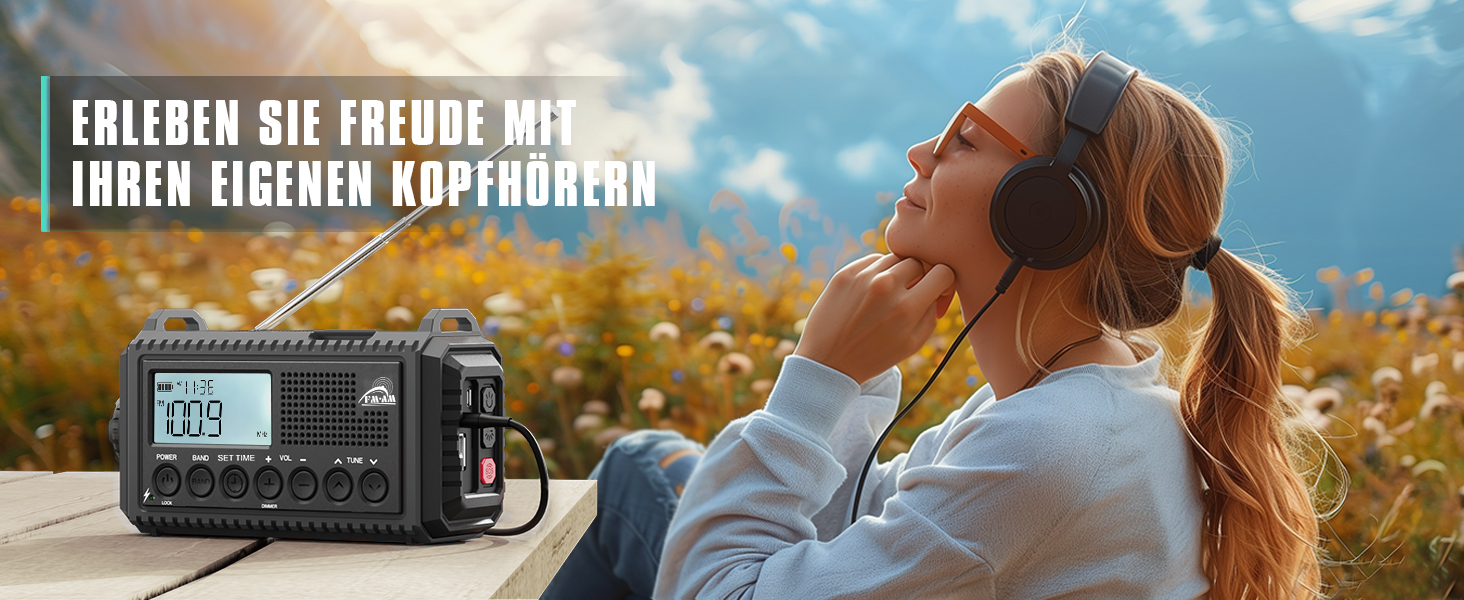 Радіо на механічній ручці з сонячною панеллю та Powerbank 12000mAh | FM/AM/SW радіо для екстрених ситуацій, зарядка USB-C, SOS-сигнал, ліхтарик та лампа для читання | Водонепроникне, портативне радіо для кемпінгу, туризму, чорне