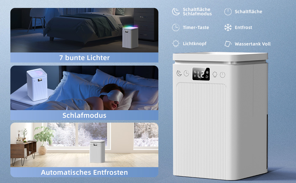 Електричний осушувач повітря 2.2L з LED дисплеєм, тихий, з таймером та підсвічуванням, авто-стоп та авто-розморожування, для спальні та ванної кімнати