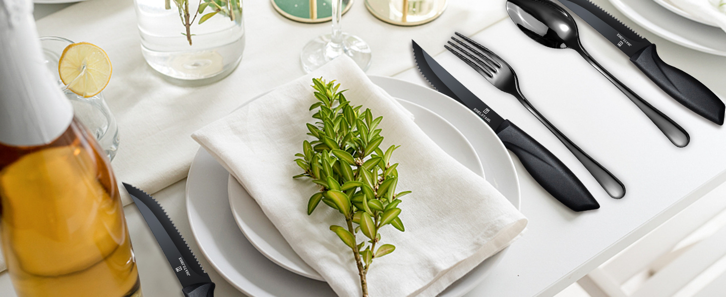 Набір столових приборів на 6 осіб Targzier 36 предметів: ложки, виделки, ножі для стейку. Якісний набір столових приборів з нержавіючої сталі, чорний колір, для сім'ї, вечірки, готелю, придатний для миття в посудомийній машині.