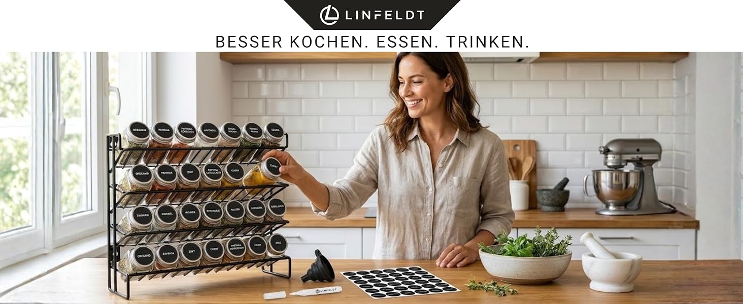 Полиця для спецій LINFELDT на 28 банок, з наклейками, олівцем та кріпленнями - чорна, 34.5x25x11.5 см