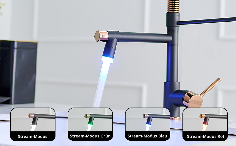 Змішувач кухонний AIMADI LED з витяжкою, поворотний 360°, чорний/рожеве золото