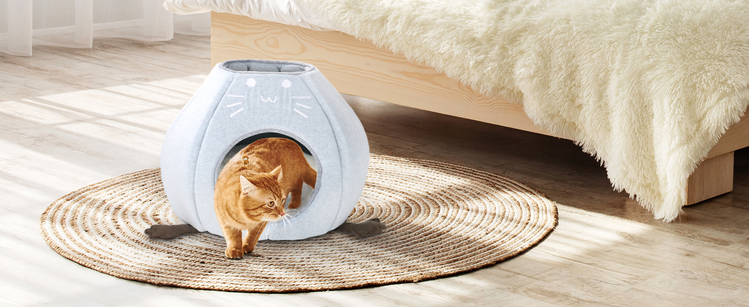 Кішка Будиночок-Печеричка для котів, сірий, 40x40x35 см, з м'якою подушкою Sherpa, M