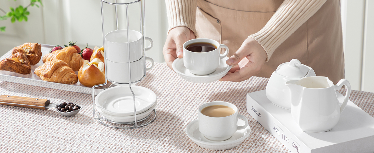 Набір еспресо-чашок MALACASA 4 шт., 75 мл з підставками та стійкою, біле порцелянове виробництво Італії, 120 мл, сумісні з посудомийною машиною