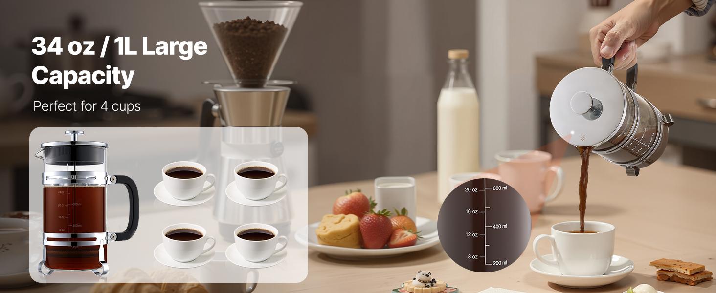 Френч-прес VEVOR 1 л з боросилікатного скла та нержавіючої сталі - для приготування кави, чаю, кемпінгу, подорожей, кухні, ресторану