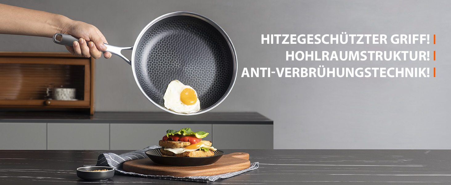 Сковорода з кришкою 26 см, антипригарне покриття Hybrid, холодна ручка, безпечна для миття в посудомийній машині, без PFAS, PFOA та PTFE, можна використовувати в духовці до 260 °C, сумісна з усіма типами плит WQ