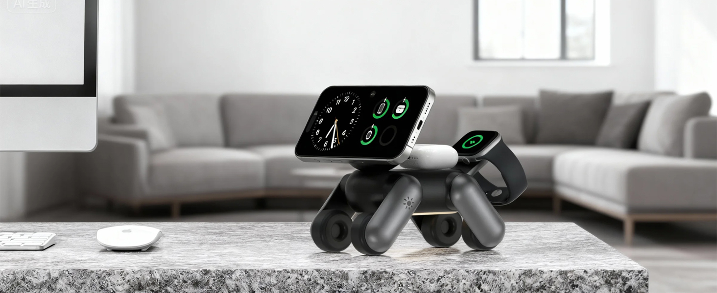 Зарядна станція 3-в-1 для Apple Watch, iPhone 17e/Air/17/16/15/14/13/12, AirPods Pro/2/3 з нічником, чорна. MagSafe сумісність.