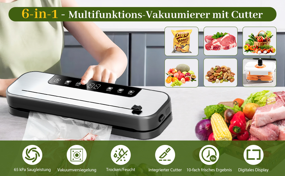 Вакуумний апарат Automatik 6-в-1 для продуктів харчування, з 50 пакетами, цифровий таймер, для сухих та вологих продуктів