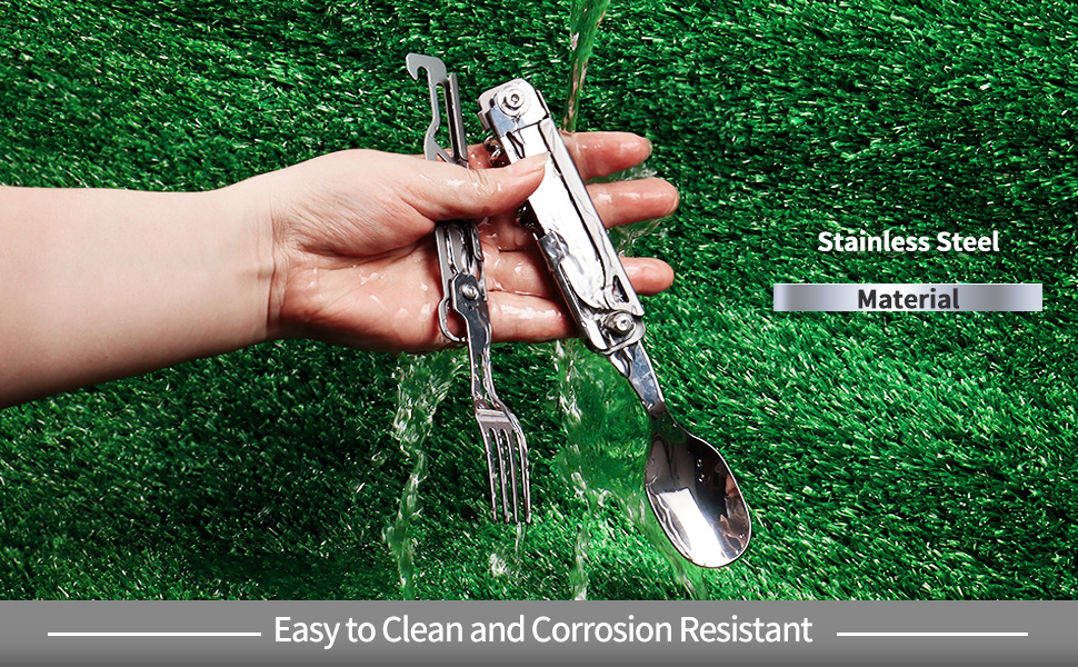 Німецький столовий прилад з нержавіючої сталі 5 в 1: ніж, виделка, ложка, набір для кемпінгу, туристичний посуд, портативний, з мішечком, для відпочинку на природі