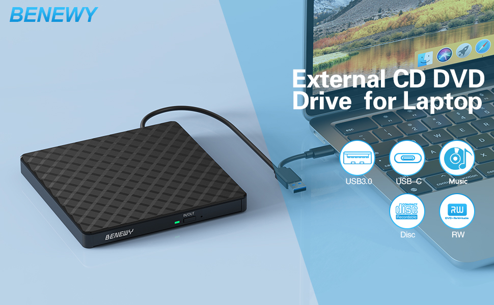 Зовнішній DVD-привід BENEWY USB 3.0 та USB-C, CD/DVD гравер для ноутбука та ПК (Windows, macOS, Linux)