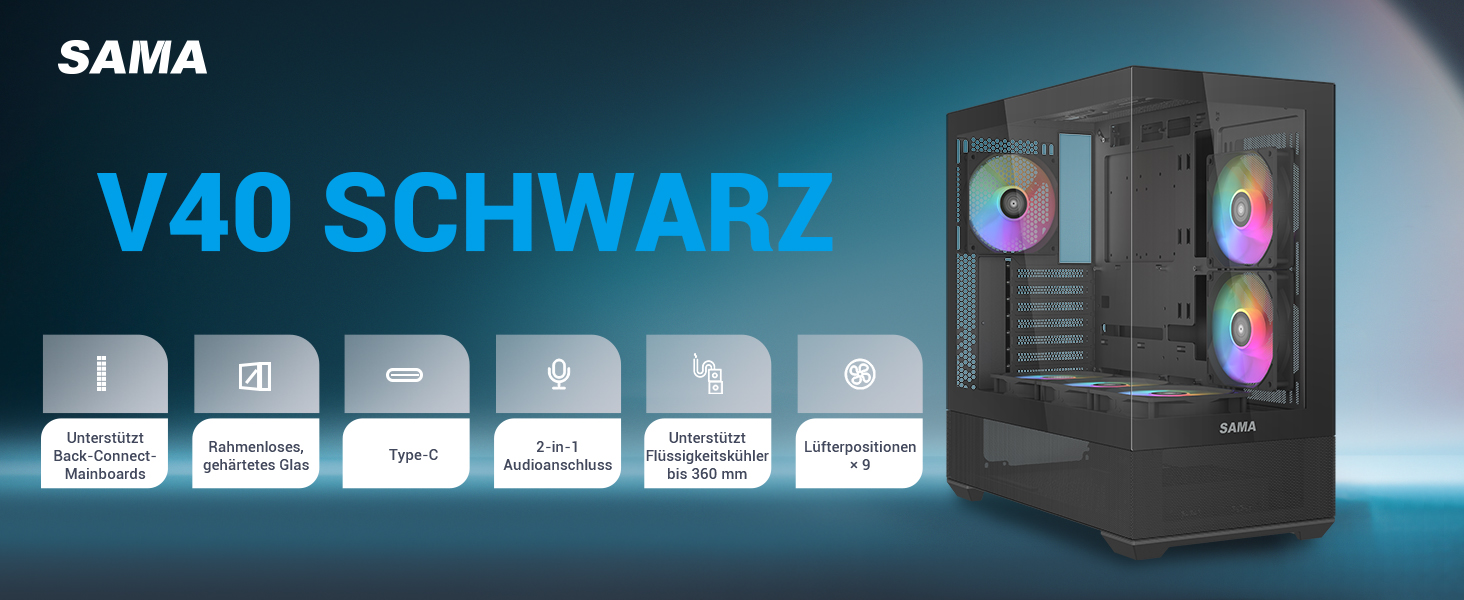 Корпус ПК SAMA V40 Mid-Tower ATX з 6 вентиляторами 120 мм ARGB, подвійні панелі з загартованого скла, чорний