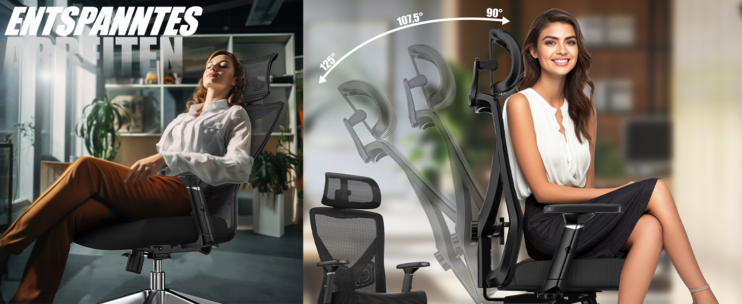 Офісне крісло KESSER® ергономічне з регульованими підлокітниками, поворотне з підтримкою попереку, з підголівником, функція гойдання до 125° з 5 колесами, чорний/срібний