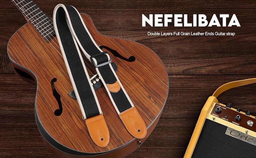 Гітарний ремінь з бавовни та шкіри з кишенькою для медіатора - для електрогітари (чорний)