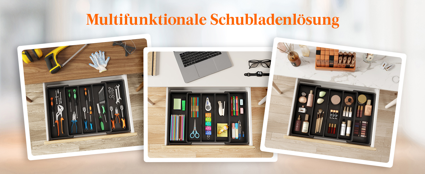 Органайзер для столових приборів Lifewit в шухляду, розширюваний 33-57 см, чорний, пластик, 38х5х38 см