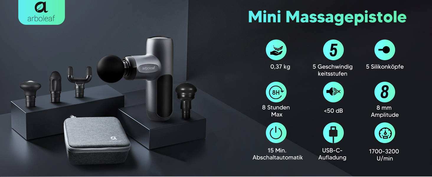 Масажер для тіла Arboleaf Mini - компактний масажний пістолет 5 швидкостей, 4 насадки, 3200 U/min, для дому, фітнесу та подорожей (сірий)