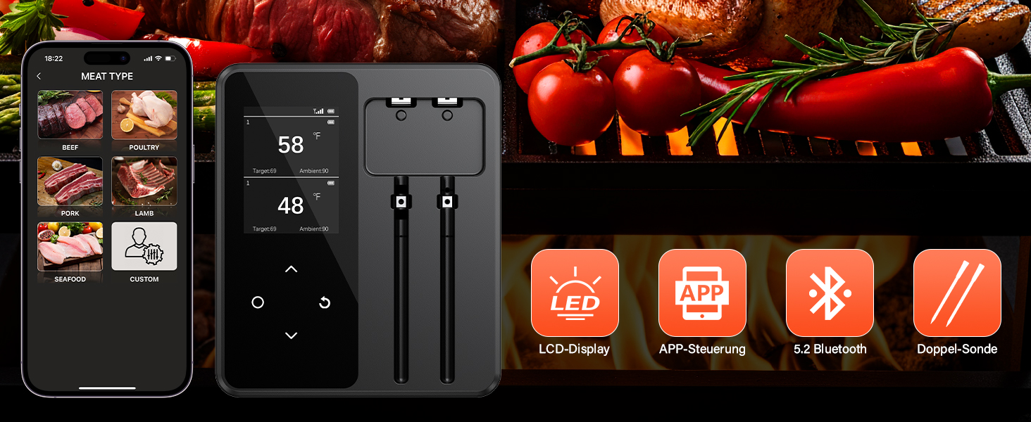 Бездротовий термометр для м'яса з 2 зондами, великий LCD-дисплей, Bluetooth, 130м, термометр для приготування на грилі, BBQ, духовки, гриля, коптильні, сковороди, фритюрниці, водонепроникний IP67