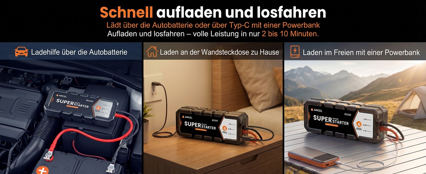 ANCEL BS200 Пусковий пристрій (Powerbank) для авто з конденсатором, моніторингом стану акумулятора та проактивним доглядом. Для бензинових двигунів до 3.0L, чорний