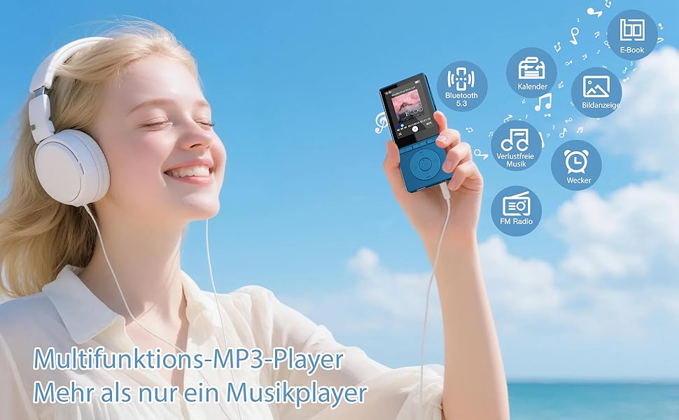 MP3 плеєр 64GB Bluetooth 5.3 з динаміком, HiFi звук, запис голосу, E-book, підтримка TF карти 128GB (Синій)
