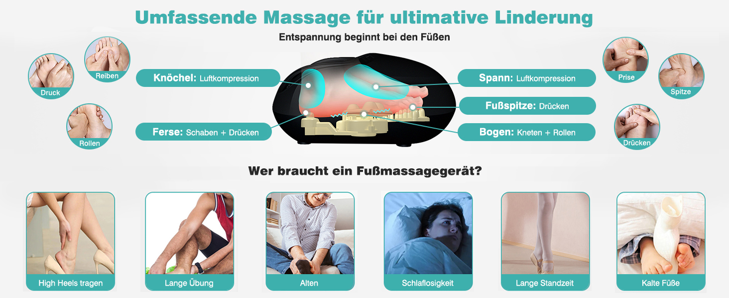 Електричний масажер для ніг KNQZE з підігрівом, Shiatsu масаж, для фасціїту та нейропатії, підходить для розміру ноги до 46, чорний