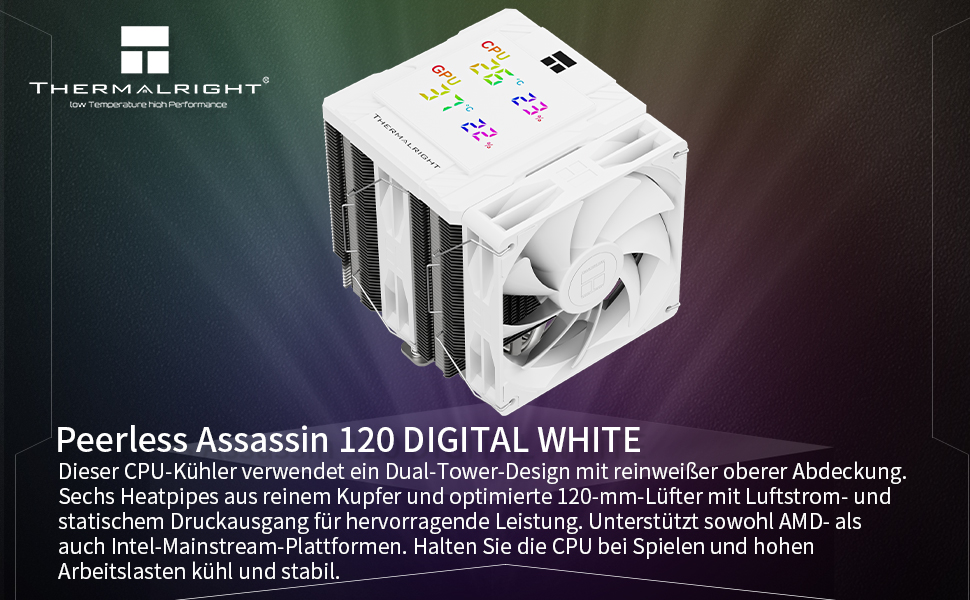 Кулер для процесора Thermalright Peerless Assassin 120 Digital ARGB White — двовежевий повітряний охолоджувач з цифровим дисплеєм, для AM4/AM5, LGA1851/1700/1200/115X