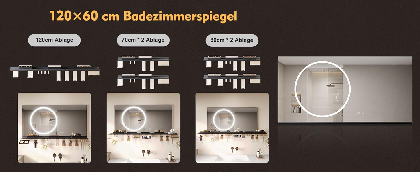 Дзеркало для ванної кімнати SONNI з підсвічуванням 120x60 см, 3 кольори світла, антизапар, годинник, температура, LED, сенсорне керування, білий