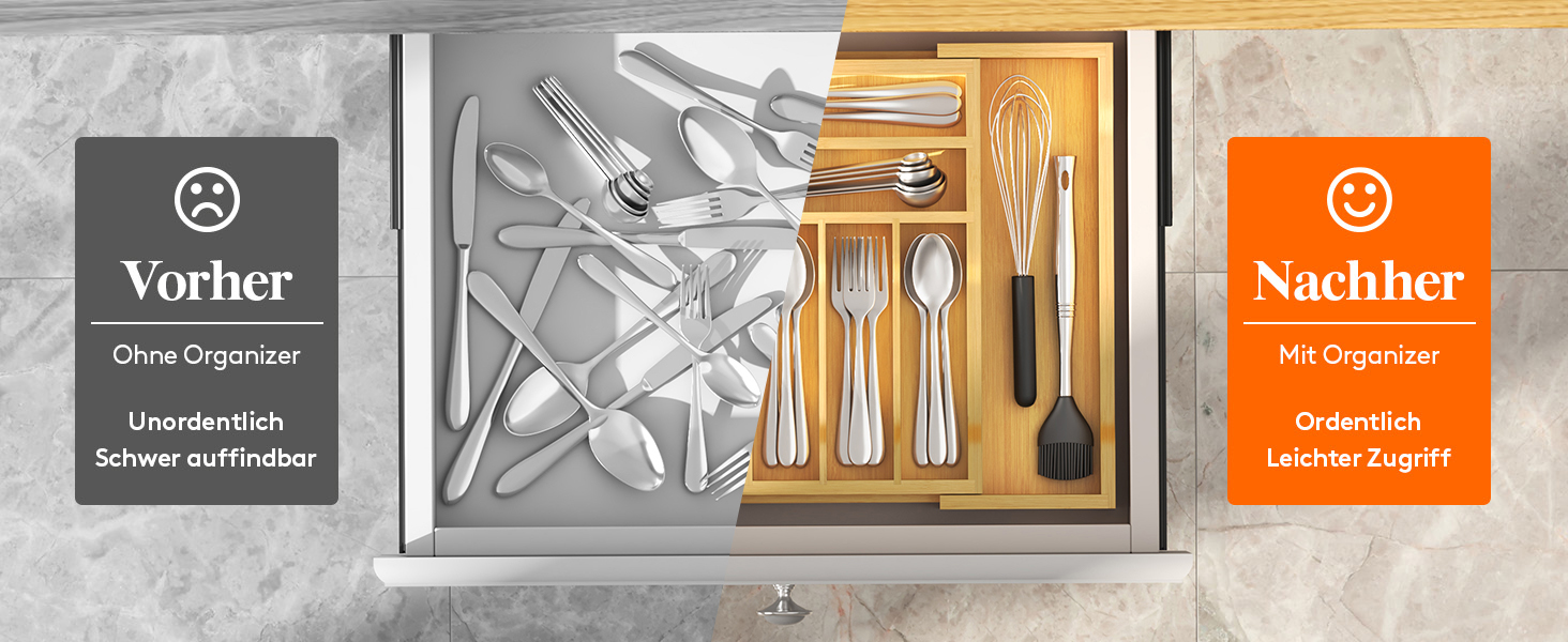 Органайзер для столових приборів Lifewit в шухляду, бамбуковий, 33x25-42x47 см, висувний лоток для ложок, виделок, ножів